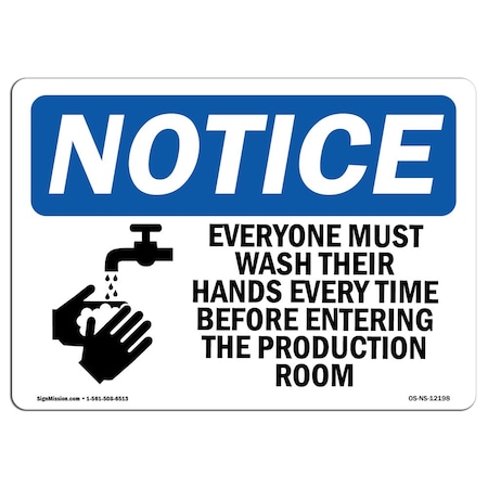 OSHA Notice Sign, Everyone Must Wash Their Hands With Symbol, 10in X 7in Rigid Plastic